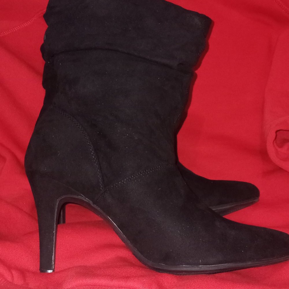 Adelay Black Suede Scrunched Stiletto Boots